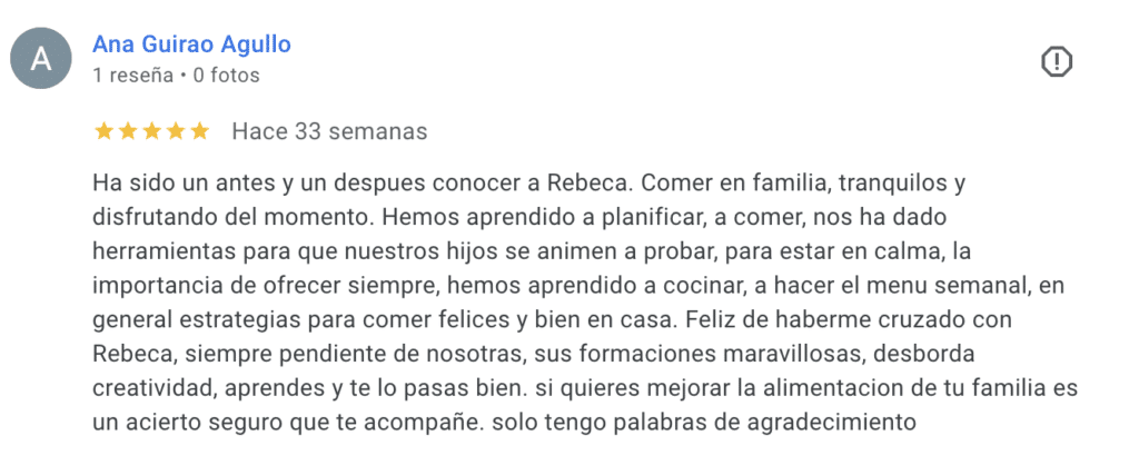 Reseña de Google de Ana sobre Rebeca Pastor nutricionista infantil
