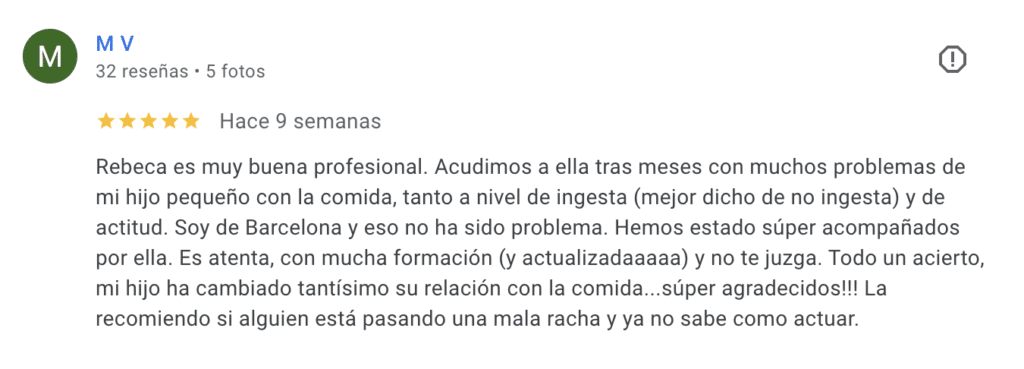 Reseña de Google de Marta sobre Rebeca Pastor nutricionista infantil