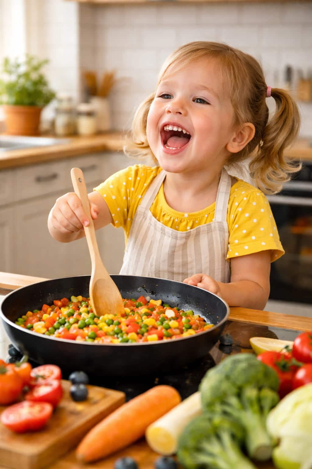 Niña cocinando y riéndose