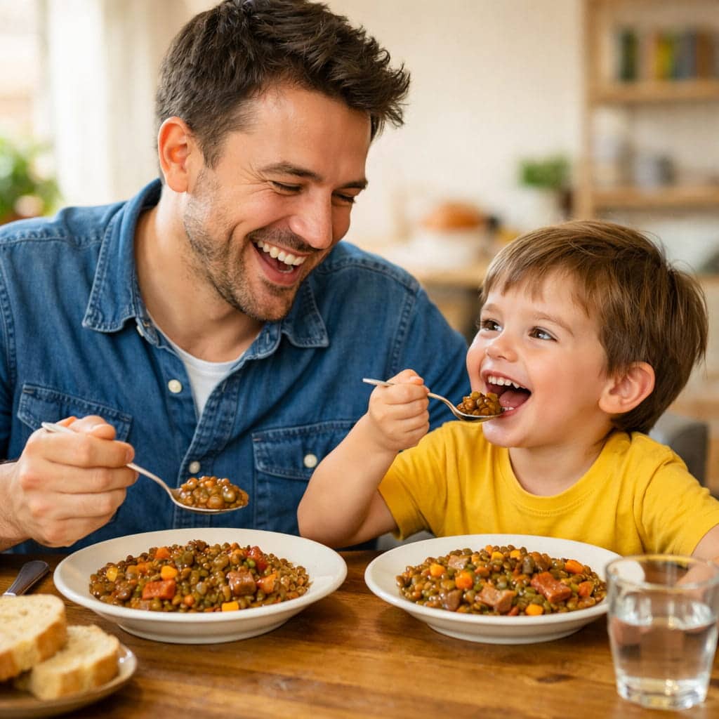 Padre e hijo comiendo felices Regalo día del padre