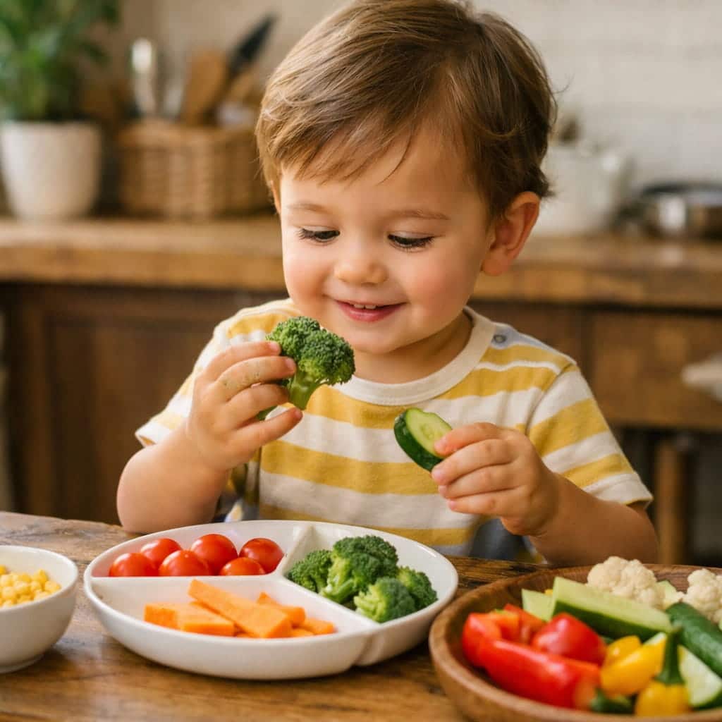 Niño explorando alimentos