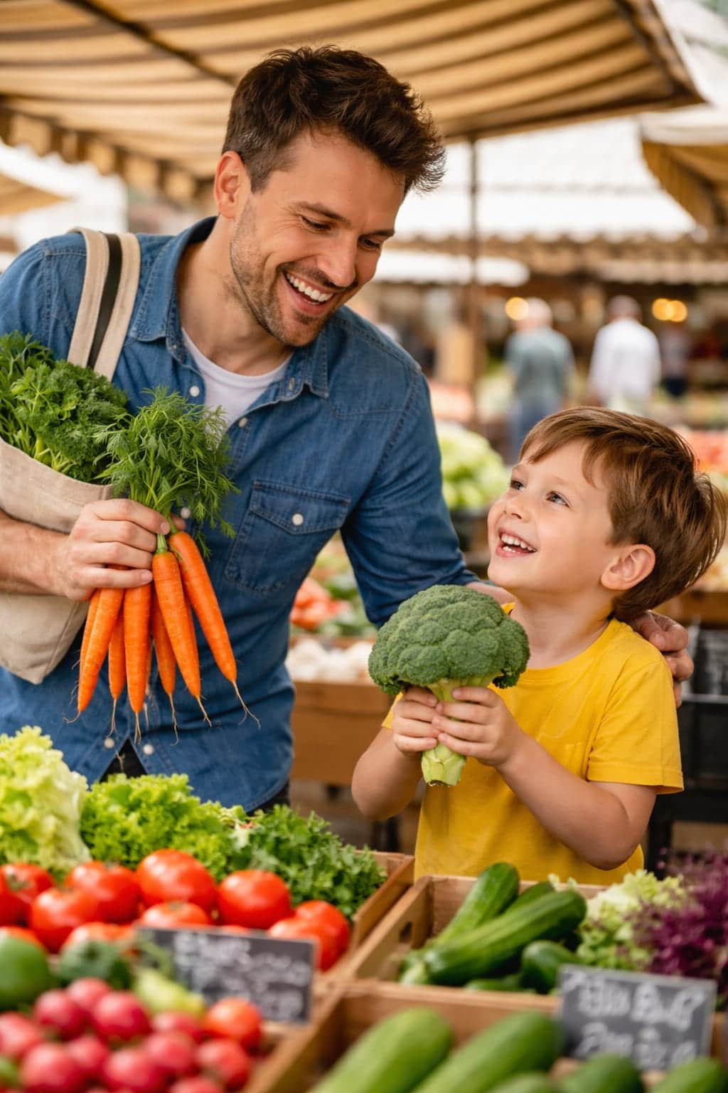 Padre e hijo en el mercado compartiendo una experiencia de alimentación