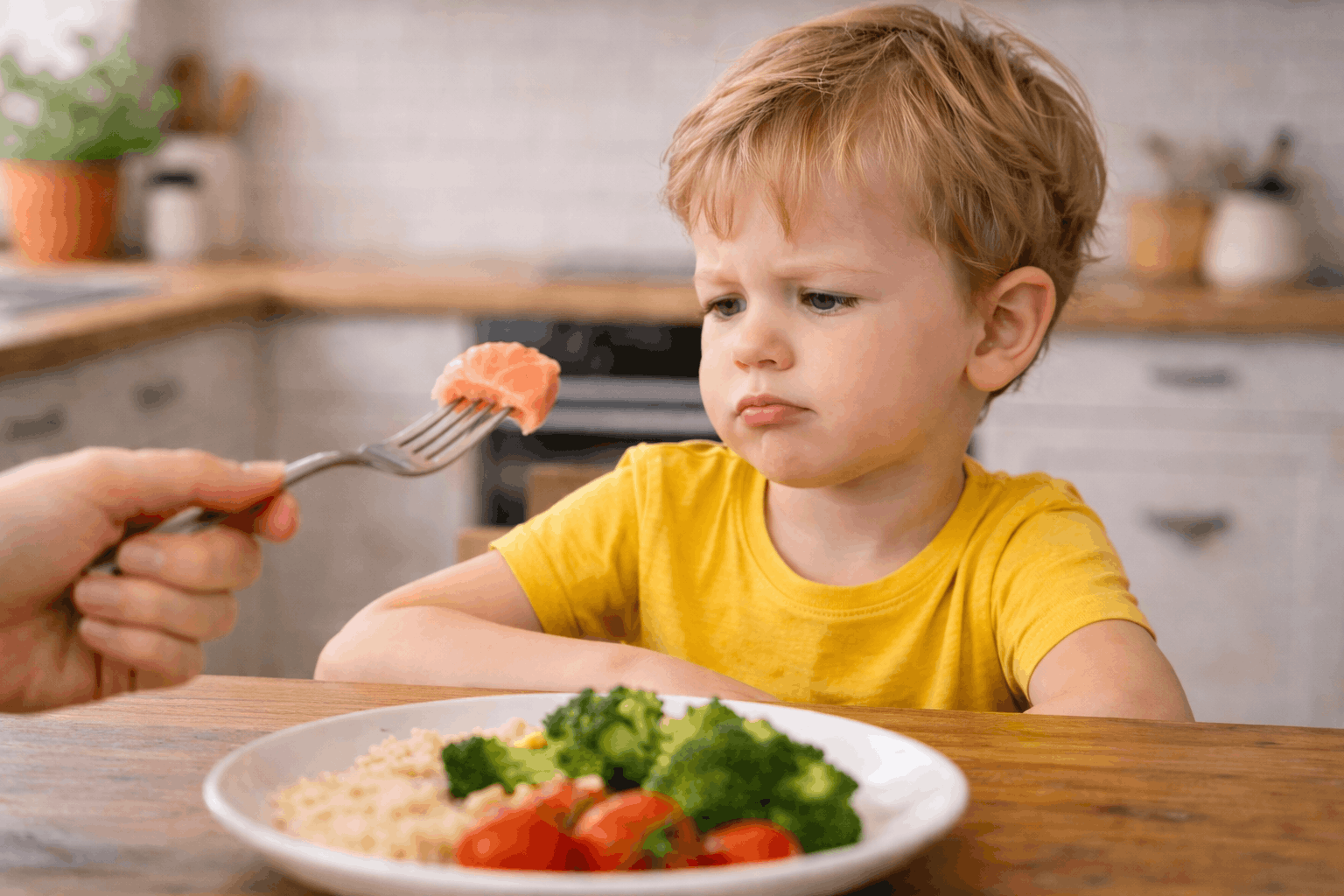 niño pequeño rechazando comida nueva en el plato