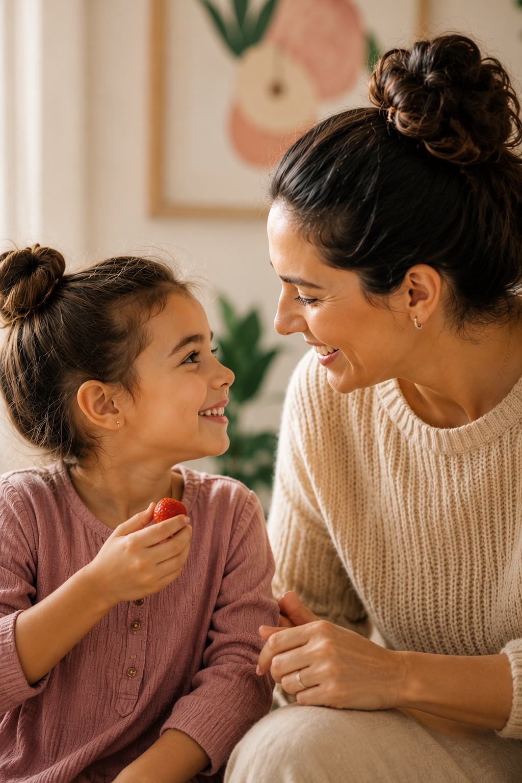madre e hija compartiendo un momento tranquilo en la mesa, relación positiva con la comida