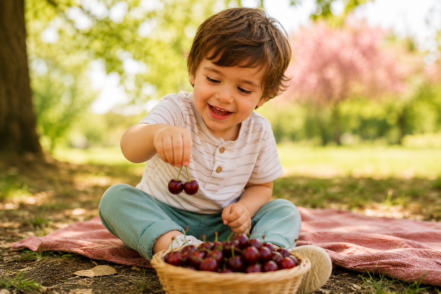 Cerezas frescas de verano, primer contacto de un niño con selectividad alimentaria