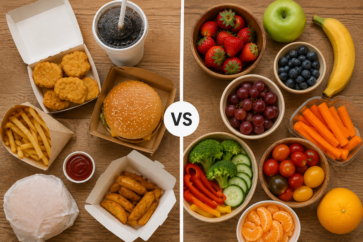 contraste comida rápida vs alimentos reales publicidad infantil