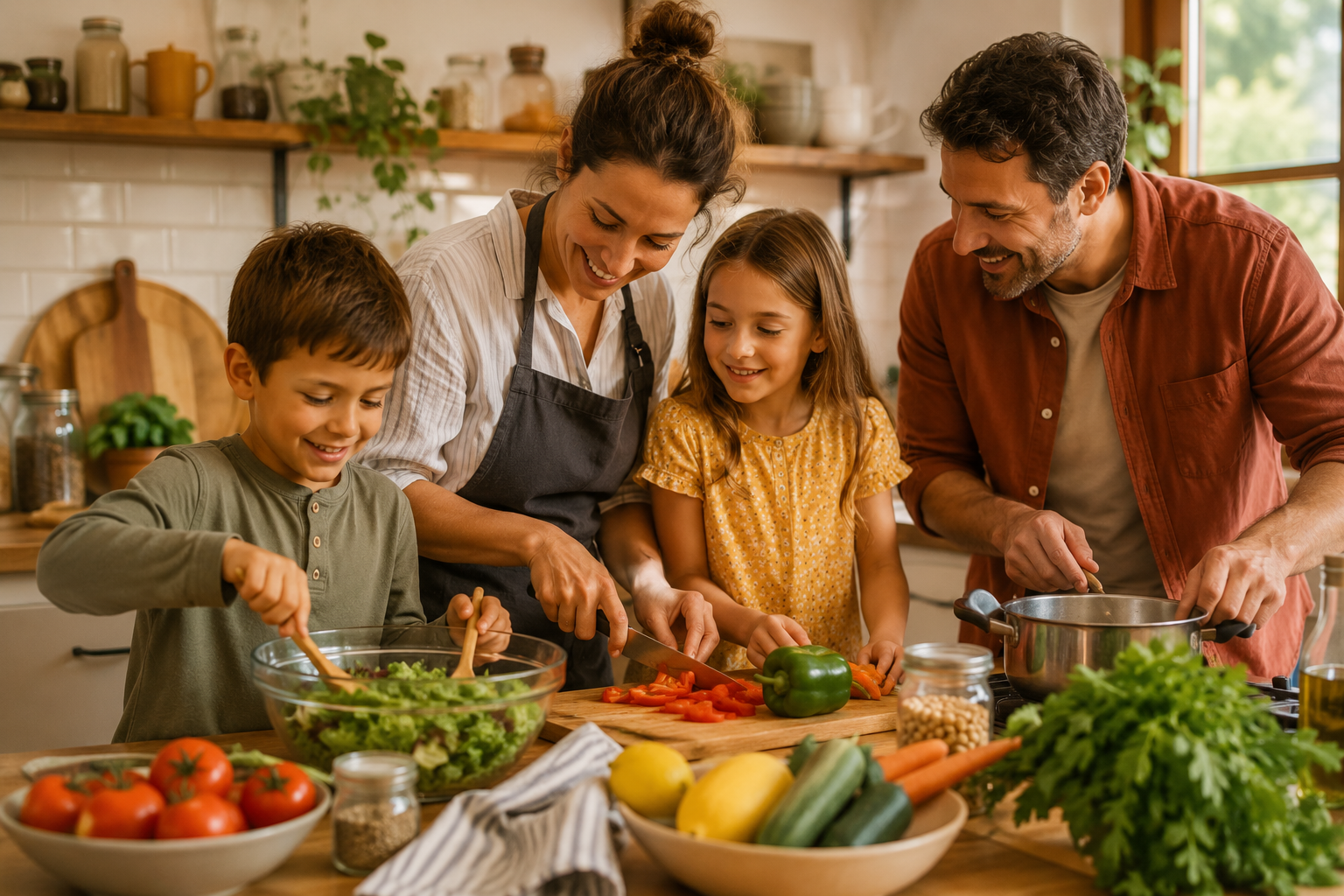 familia cocinando juntos alimentación saludable niños