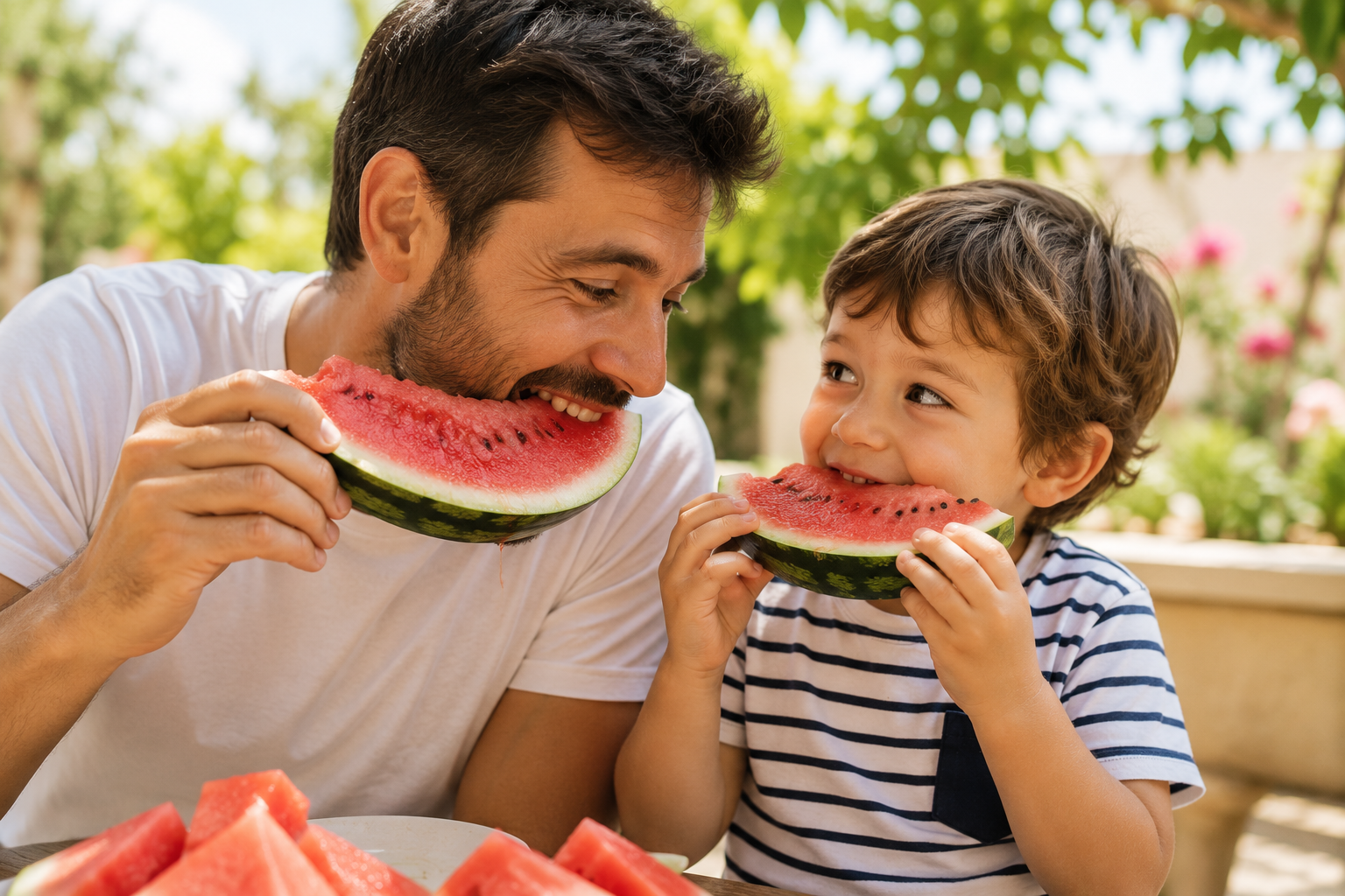 Niños disfrutando de la sandía en verano — frutas hidratantes para niños