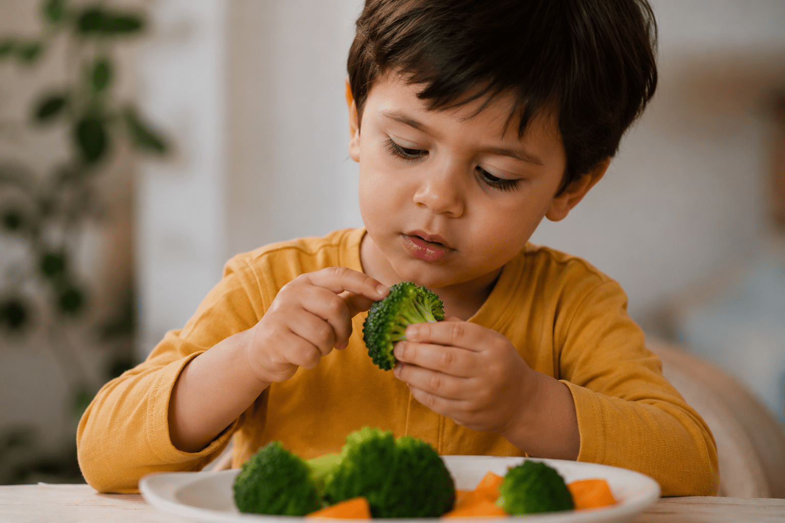Niño explorando brócoli en la mesa