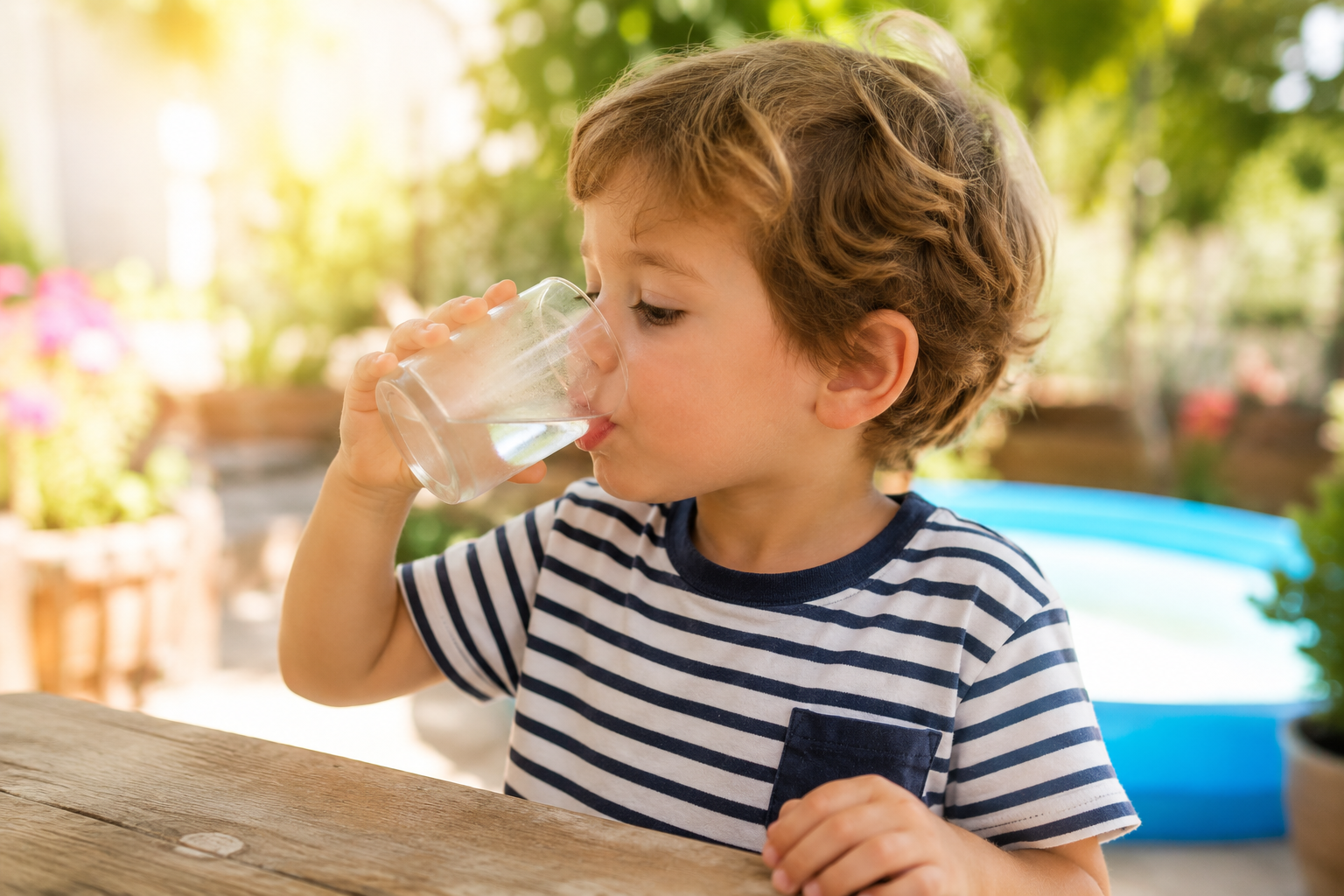 Niño bebiendo agua en verano — hidratación infantil