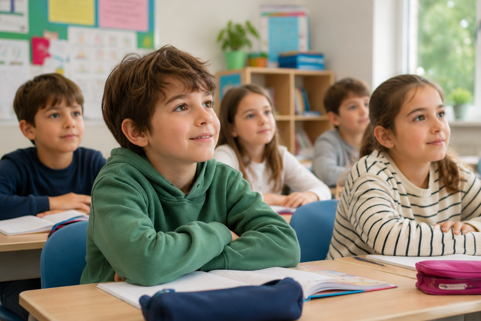 niños primaria clase escuchando sobre alimentación publicidad