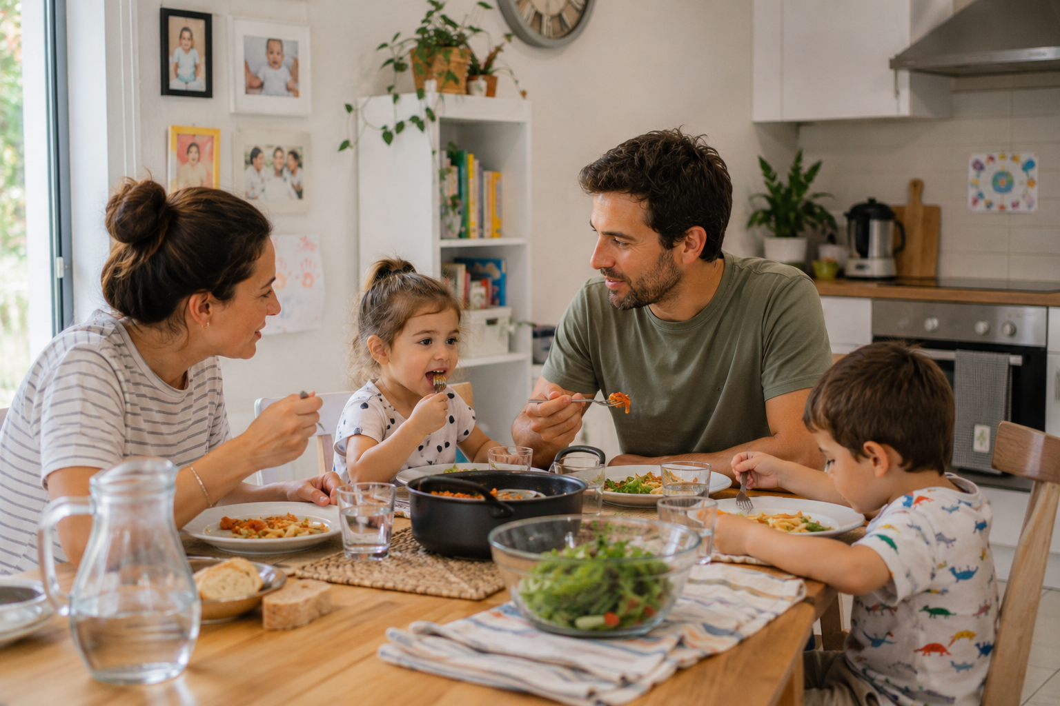 familia comiendo tranquila en la cocina