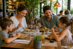 Comida en familia en restaurante acogedor