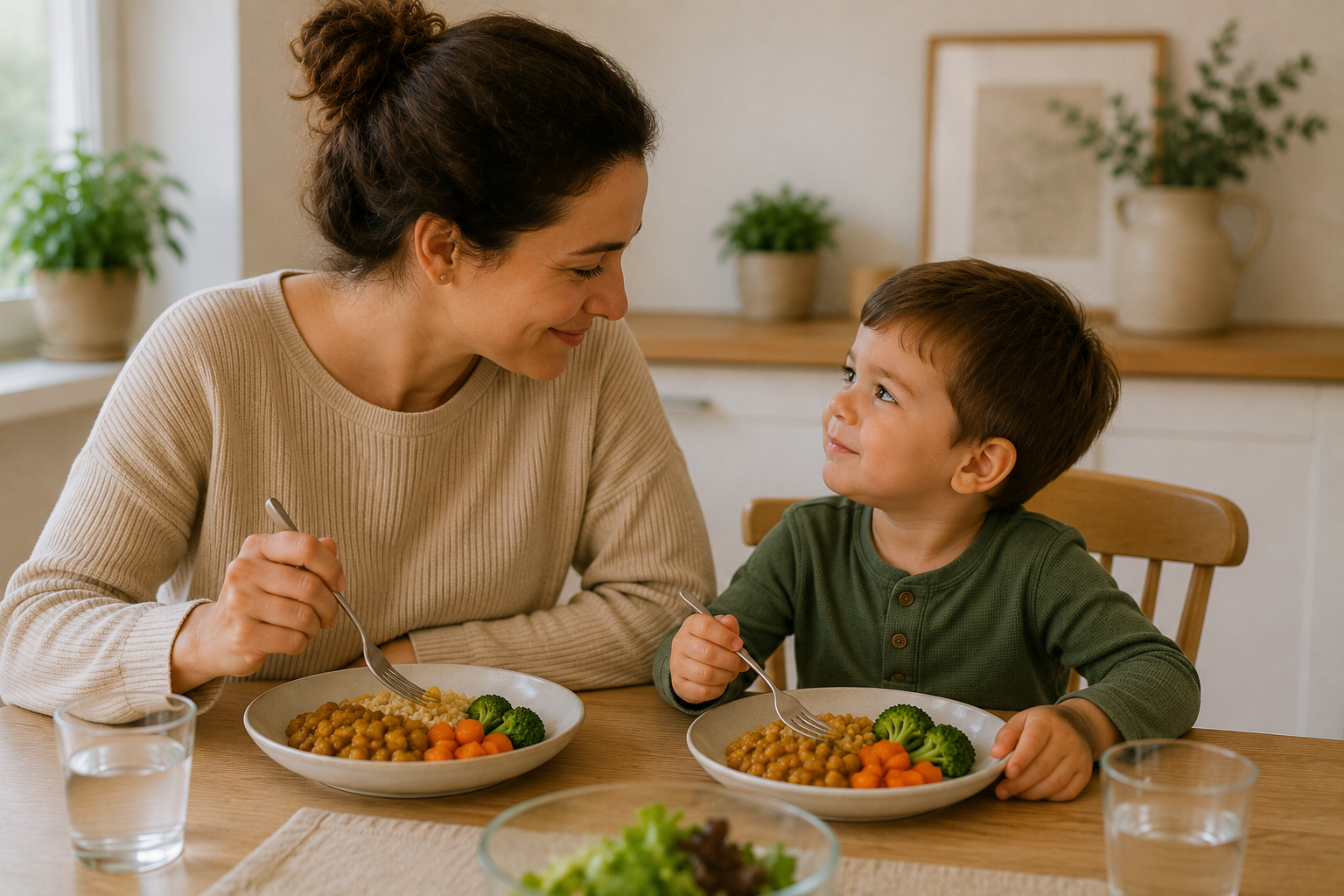 Madre acompañando a su hijo en la hora de comer con calma