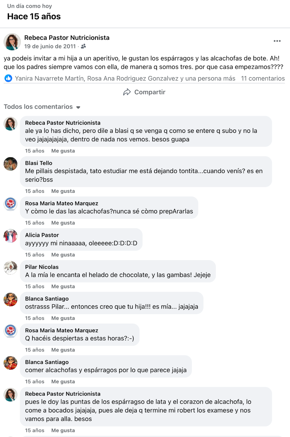 recuerdo de Facebook con comentarios sobre la hija de Rebeca Pastor comiendo espárragos y alcachofas