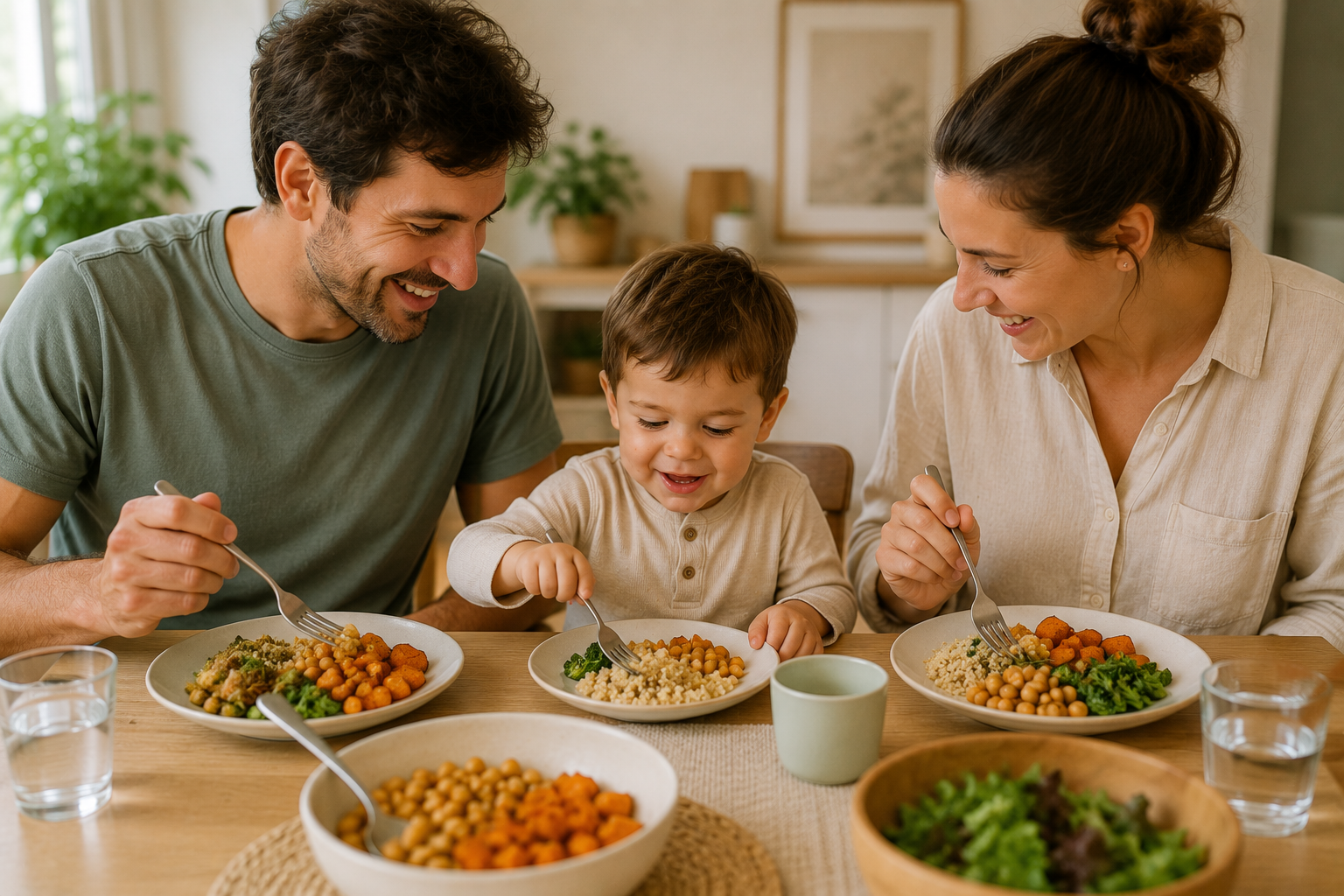 Familia comiendo sin presión en la mesa, conexión en la mesa con nutricionista infantil