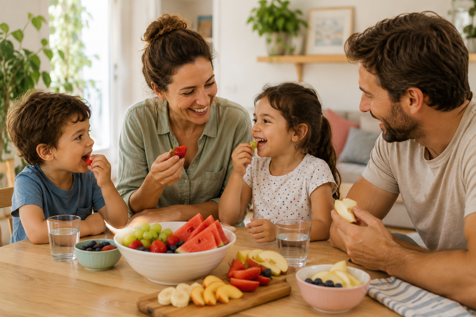 familia merendando en verano con fruta saludable