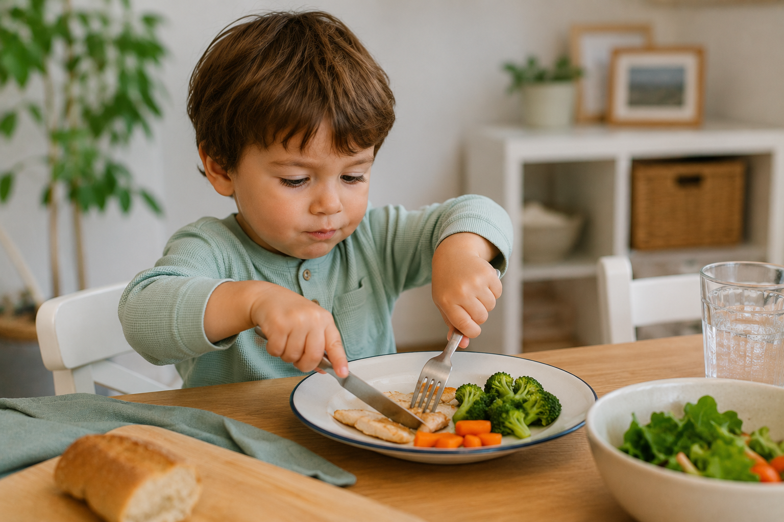 niño ayudando en la cocina a preparar su plato