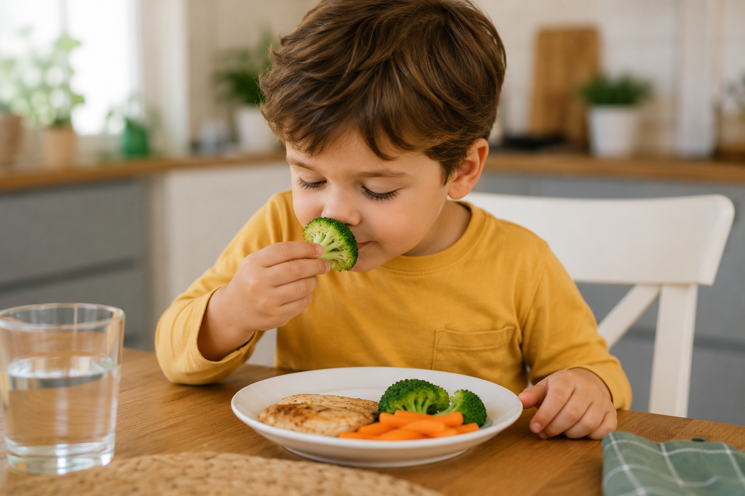 Niño explorando un alimento nuevo sin obligación en la mesa