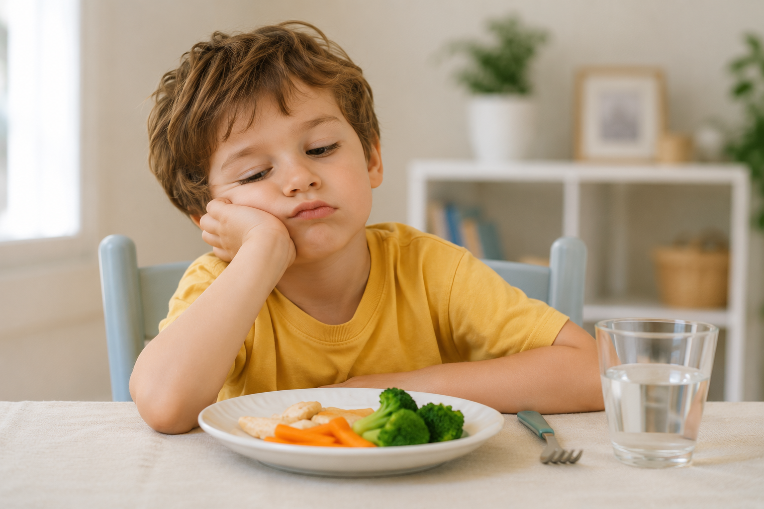 niño sin hambre en la comida durante el verano