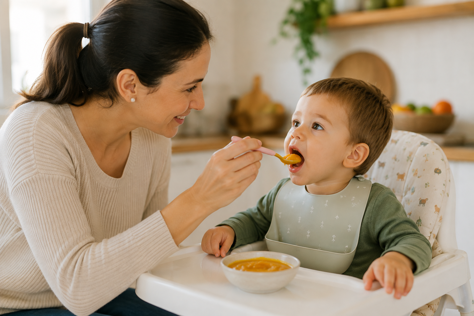 Madre dando de comer con cuchara a su hijo pequeño en la trona
