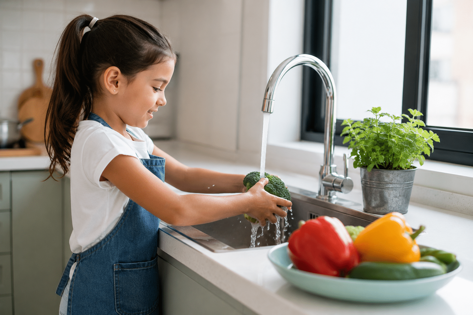 Niña lavando verduras en el fregadero antes de cocinar