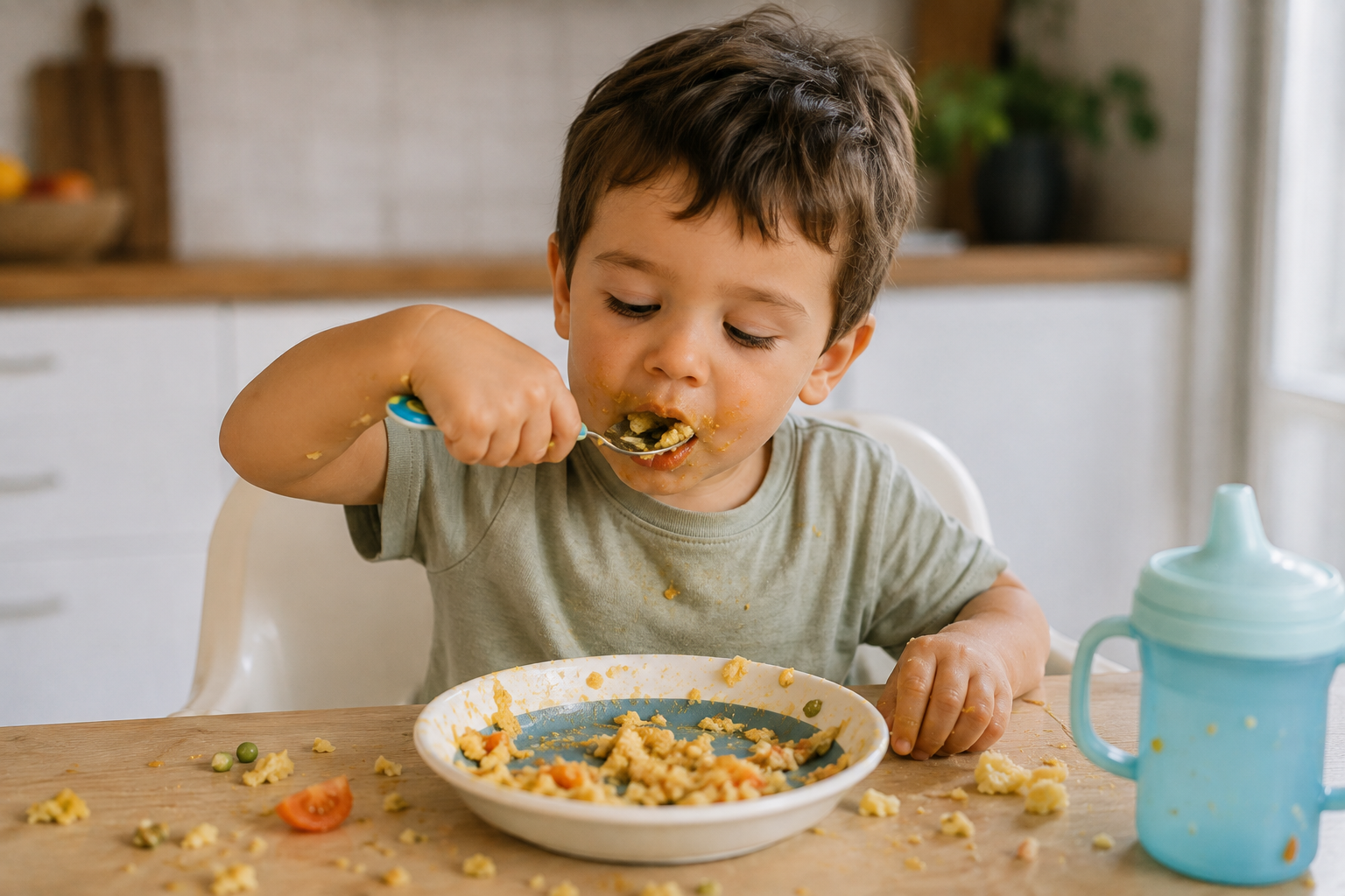 Niño pequeño comiendo solo con su cuchara, con algo de desorden en la mesa