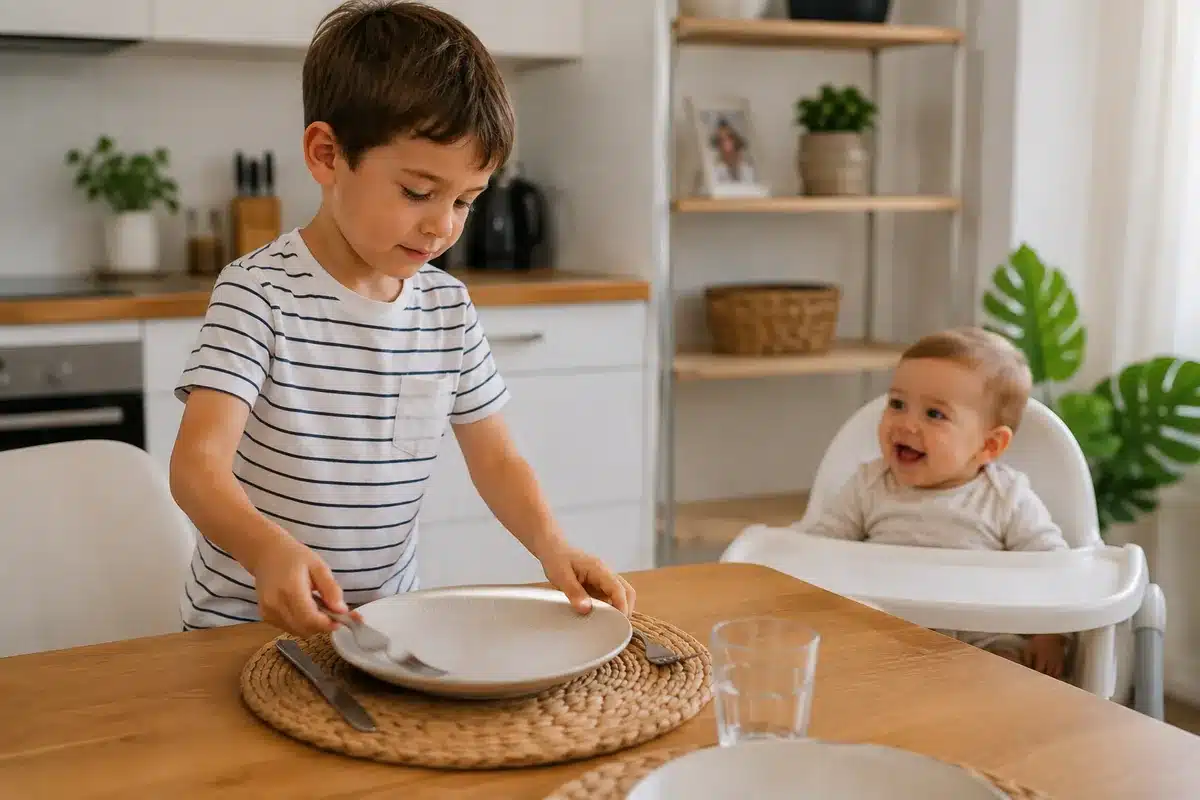 Niño sentado a la mesa sin querer comer desde que nació su hermano