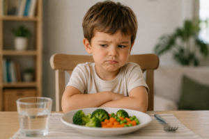 Niño pequeño mira con recelo un plato con verdura sin querer comerla