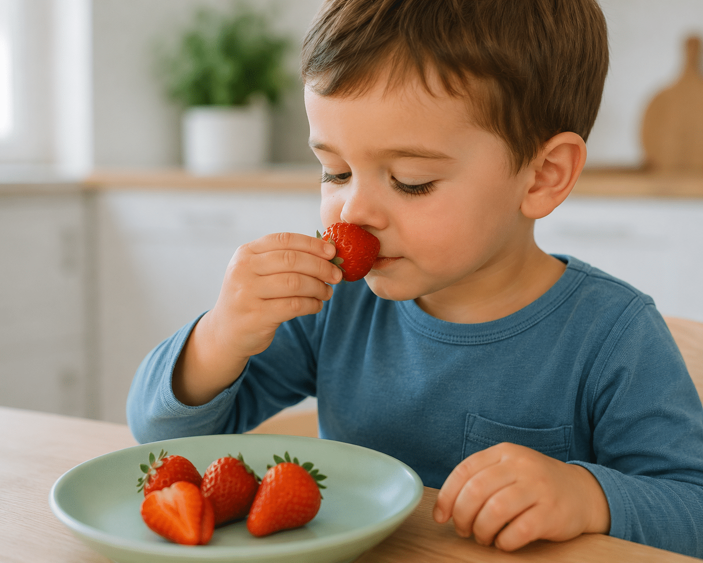 Niño pequeño oliendo una fresa antes de probarla