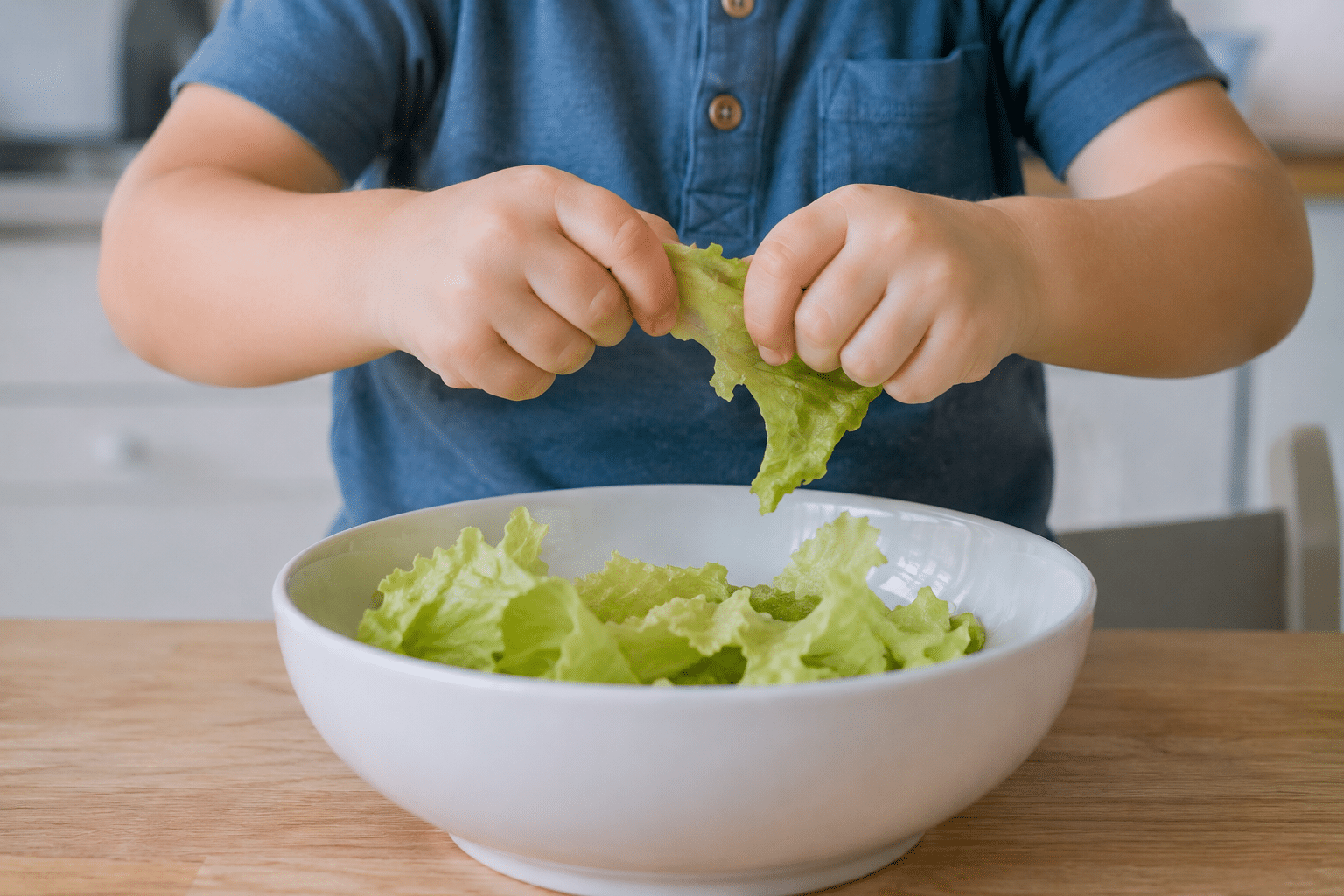 Niño rompiendo hojas de lechuga con las manos