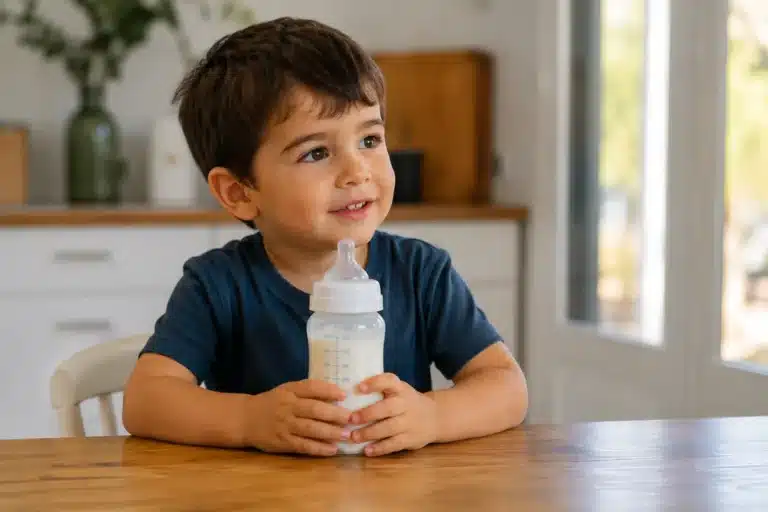 Niño de unos 4 años sujetando un biberón de leche