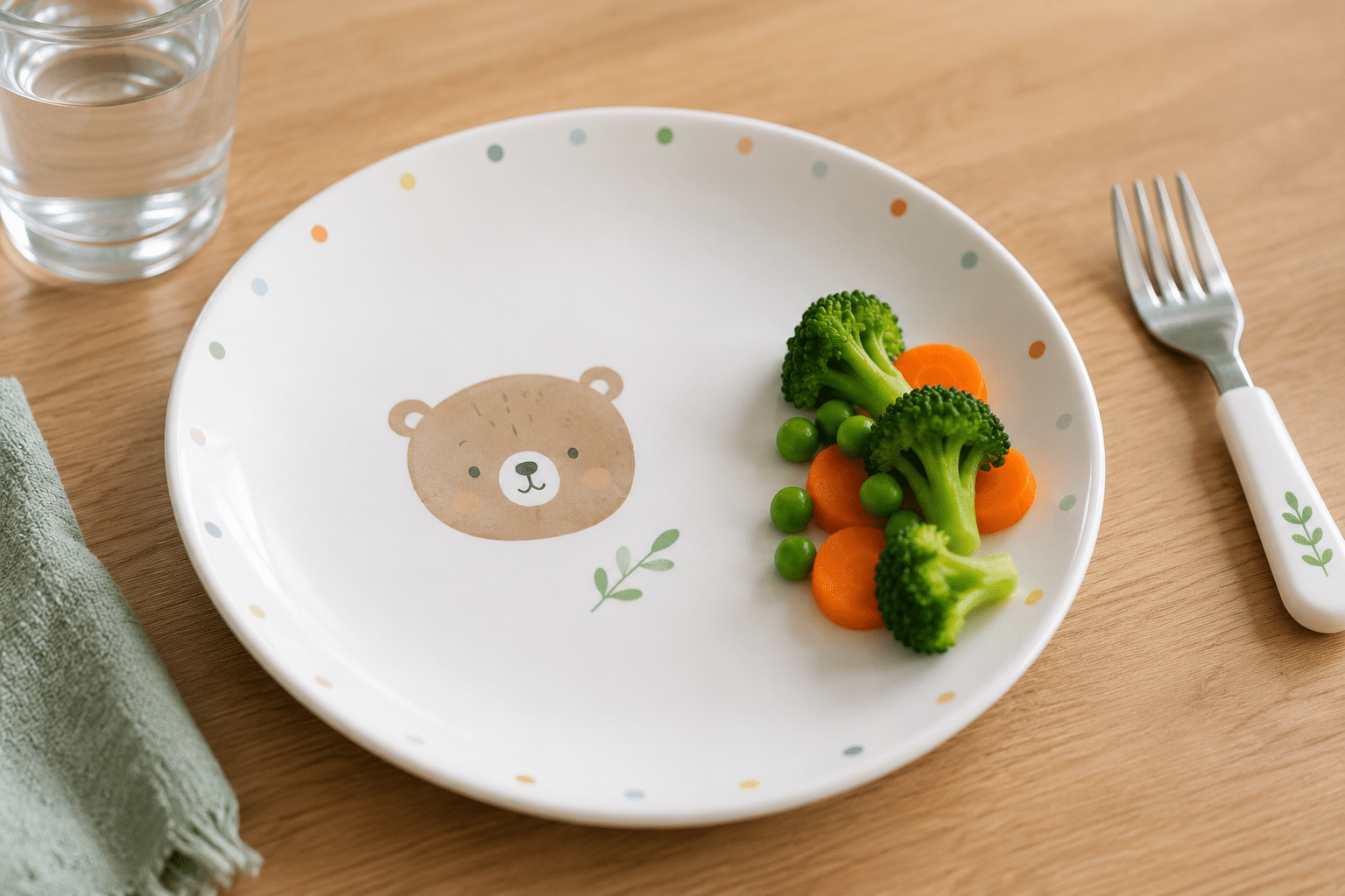 Plato infantil con una ración pequeña de verdura presentada sin presión