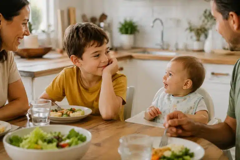 Niño mayor mirando a su hermano bebé mientras la familia come