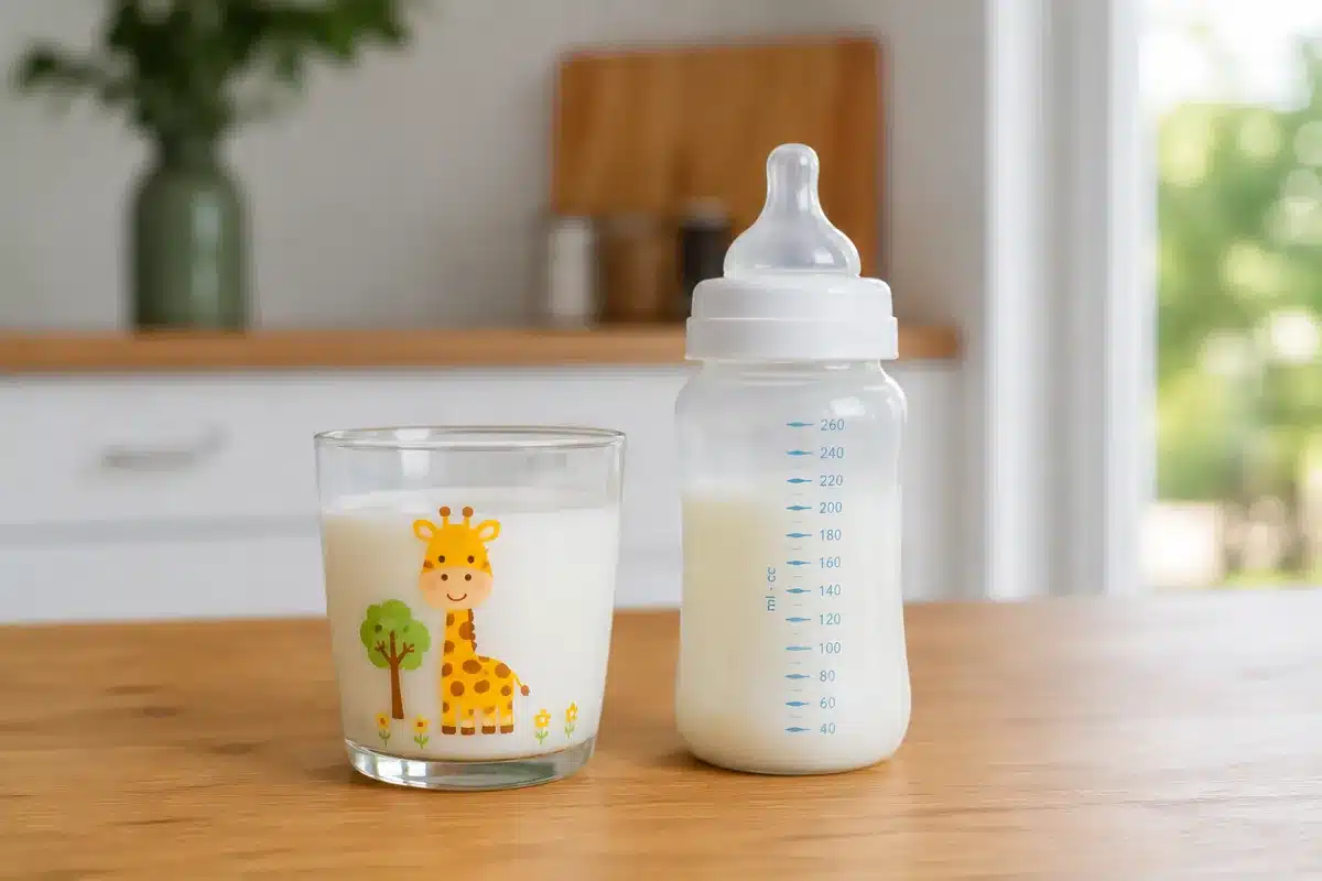Vaso infantil con leche junto a un biberón mostrando la transición